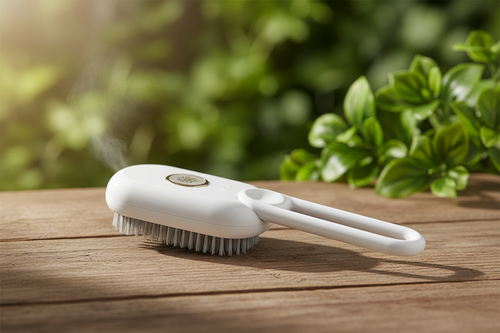 PuurPoot SteamBrush 3-in-1 elektrische stoom verzorgingsborstel op houten ondergrond met groene planten